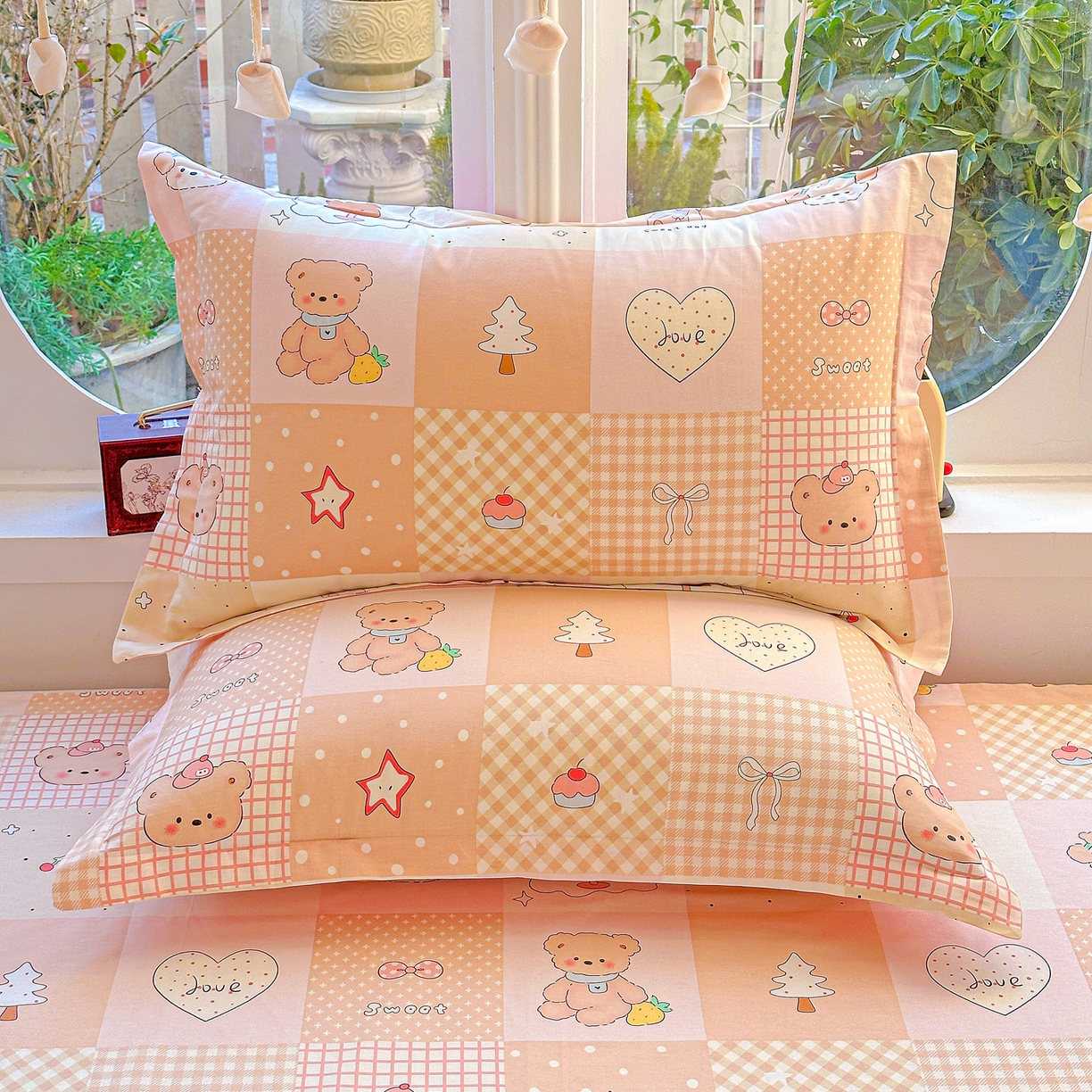 91家纺网 家纺一手货源 找家纺 恩泽家纺 2026春夏新款全棉纯棉12868印花四件套及单品系列-单枕套枕套单件 小熊布丁