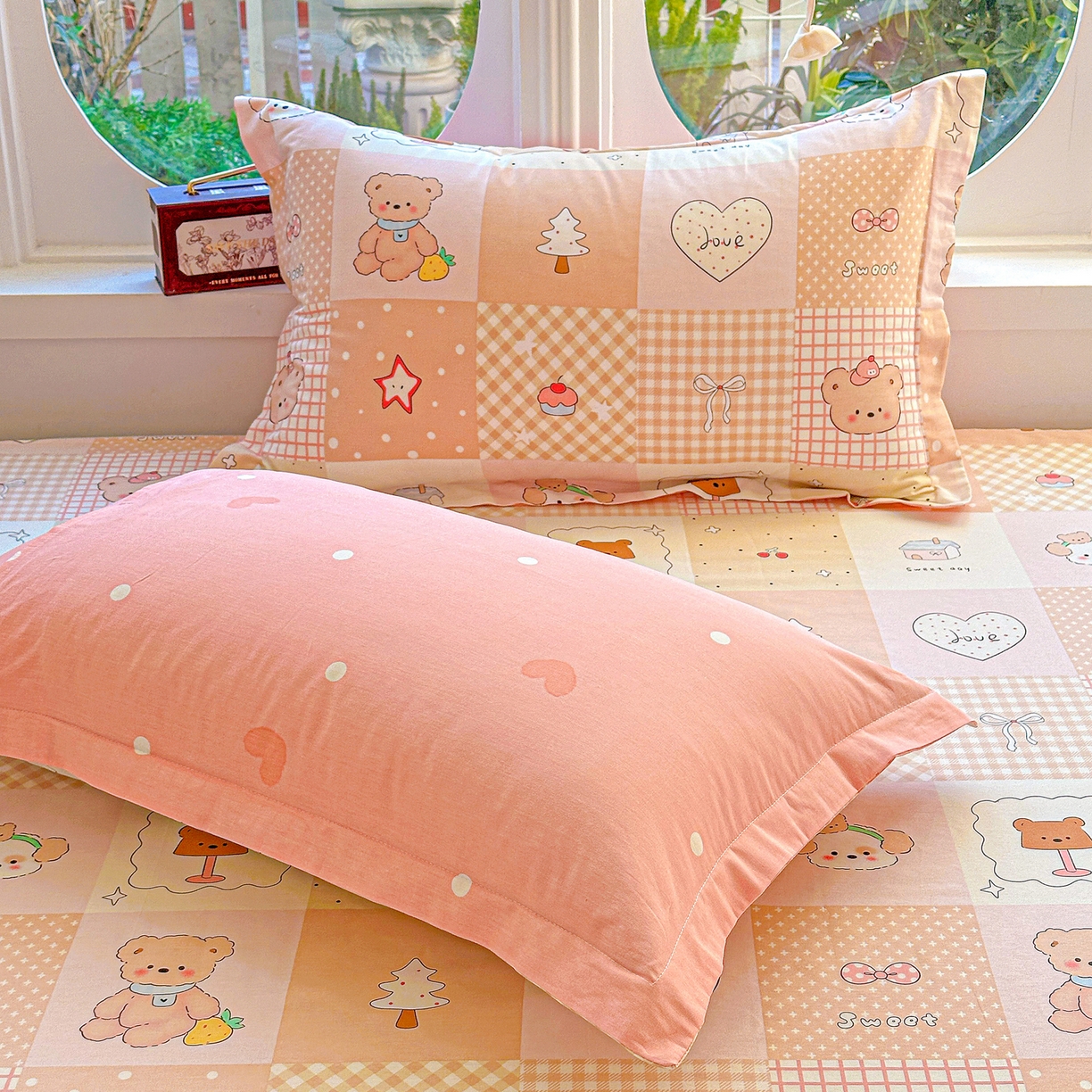 91家纺网 家纺一手货源 找家纺 恩泽家纺 2026春夏新款全棉纯棉12868印花四件套及单品系列-单枕套枕套单件 小熊布丁