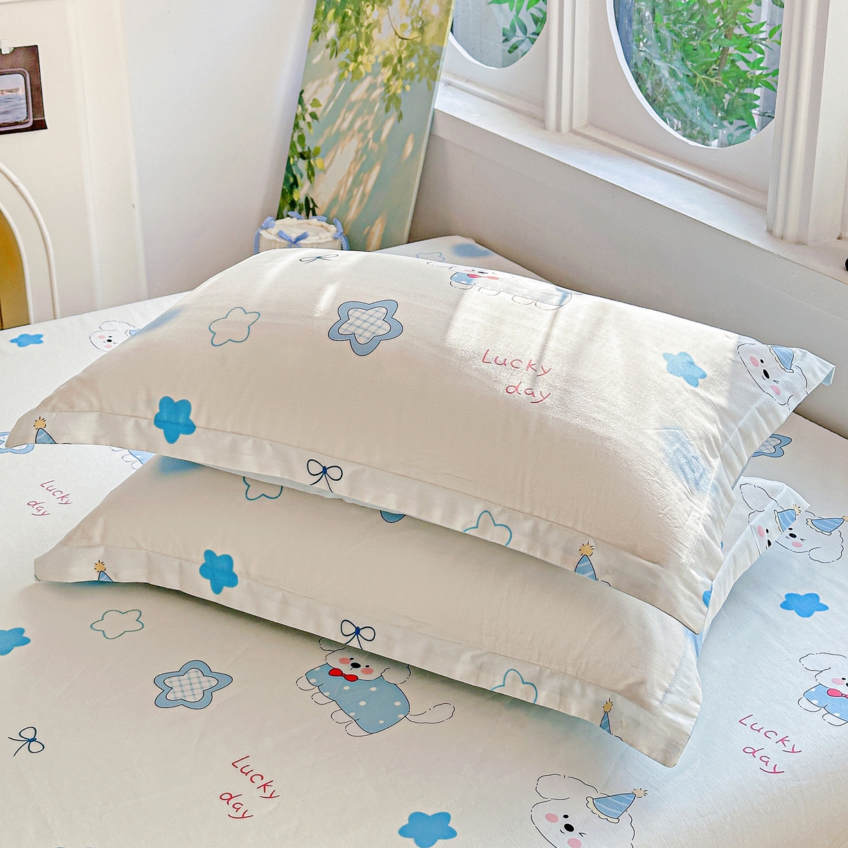 91家纺网 家纺一手货源 找家纺 恩泽家纺 2026春夏新款全棉纯棉12868印花四件套及单品系列-单枕套枕套单件 星愿萌犬