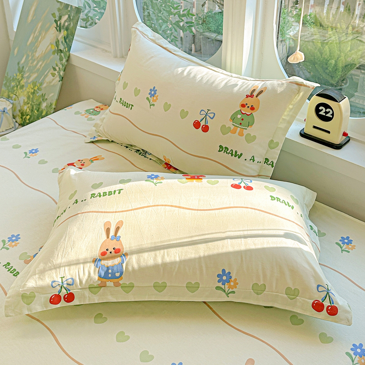 恩泽家纺 2026春夏新款全棉纯棉12868印花四件套及单品系列-单枕套枕套单件 樱桃兔