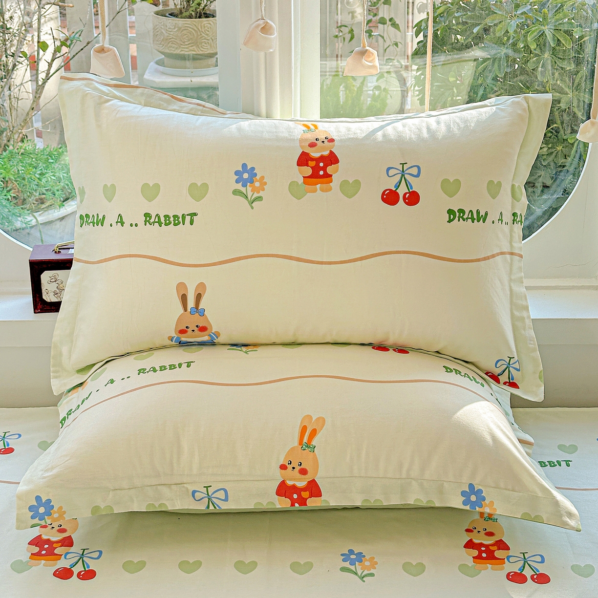 91家纺网 家纺一手货源 找家纺 恩泽家纺 2026春夏新款全棉纯棉12868印花四件套及单品系列-单枕套枕套单件 樱桃兔