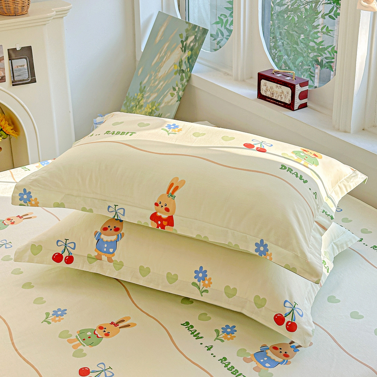 91家纺网 家纺一手货源 找家纺 恩泽家纺 2026春夏新款全棉纯棉12868印花四件套及单品系列-单枕套枕套单件 樱桃兔