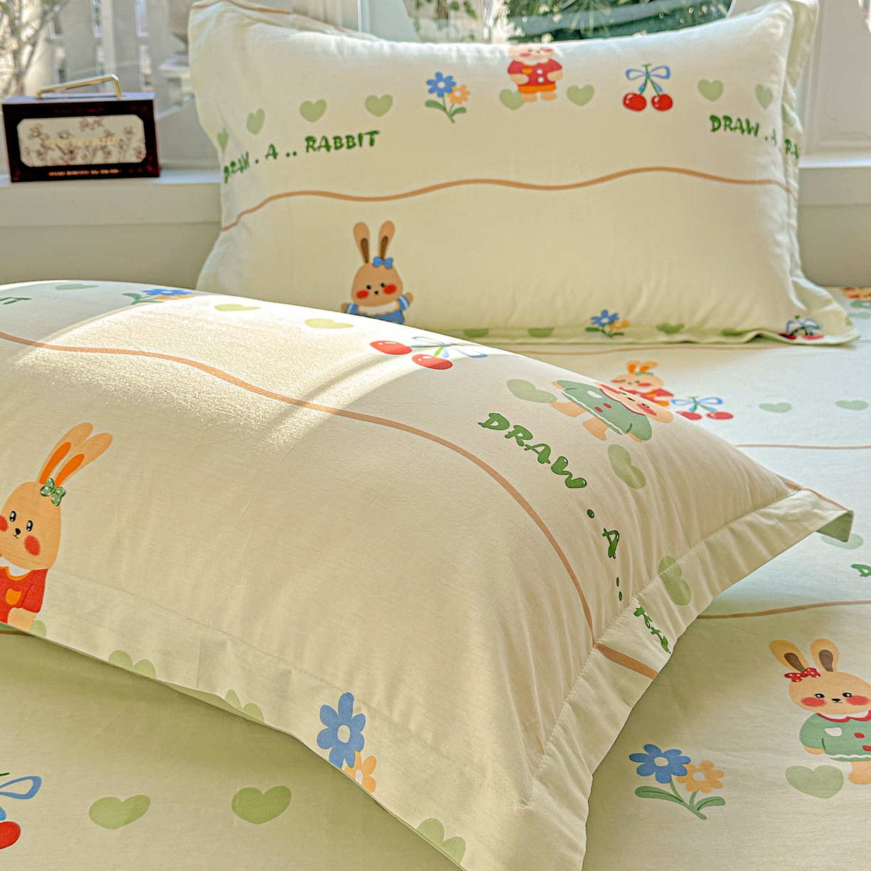 91家纺网 家纺一手货源 找家纺 恩泽家纺 2026春夏新款全棉纯棉12868印花四件套及单品系列-单枕套枕套单件 樱桃兔