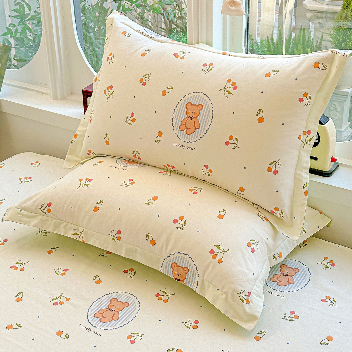 91家纺网 家纺一手货源 找家纺 恩泽家纺 2026春夏新款全棉纯棉12868印花四件套及单品系列-单枕套枕套单件 樱桃小熊