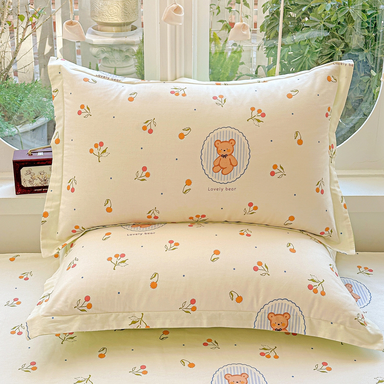 91家纺网 家纺一手货源 找家纺 恩泽家纺 2026春夏新款全棉纯棉12868印花四件套及单品系列-单枕套枕套单件 樱桃小熊