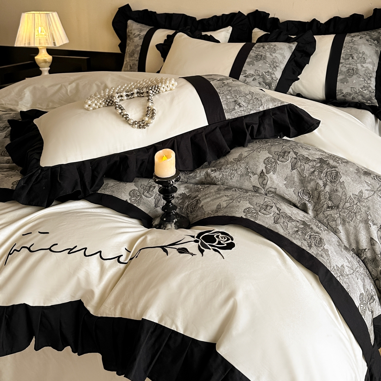 91家纺网 家纺一手货源 找家纺 （总）宇航家纺 2026春夏新款法式全棉纯棉拼接60s色织提花绣花四件套