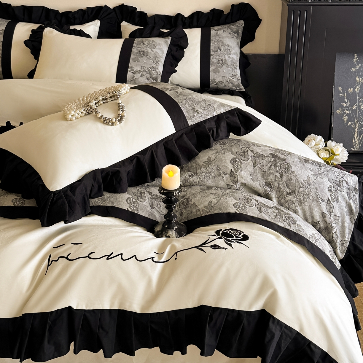 91家纺网 家纺一手货源 找家纺 （总）宇航家纺 2026春夏新款法式全棉纯棉拼接60s色织提花绣花四件套