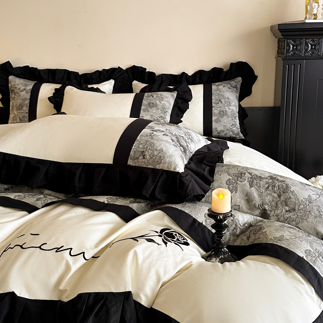 91家纺网 家纺一手货源 找家纺 （总）宇航家纺 2026春夏新款法式全棉纯棉拼接60s色织提花绣花四件套