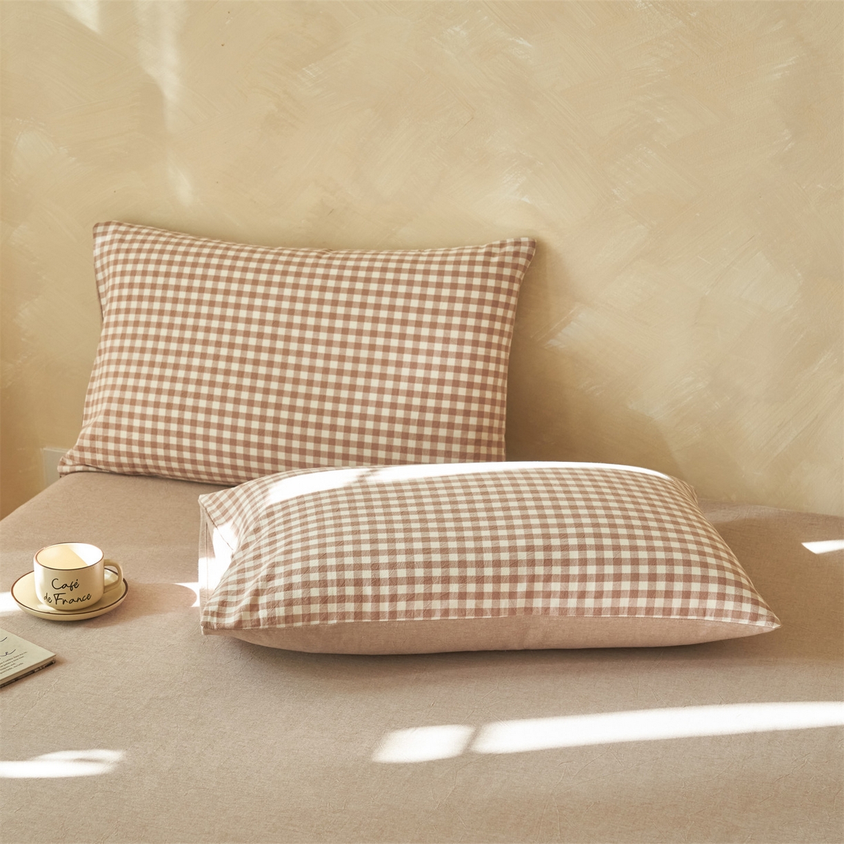 91家纺网 家纺一手货源 找家纺 恒爱家纺 2026新款A类色织全棉水洗夏被四件套 HA驼小格