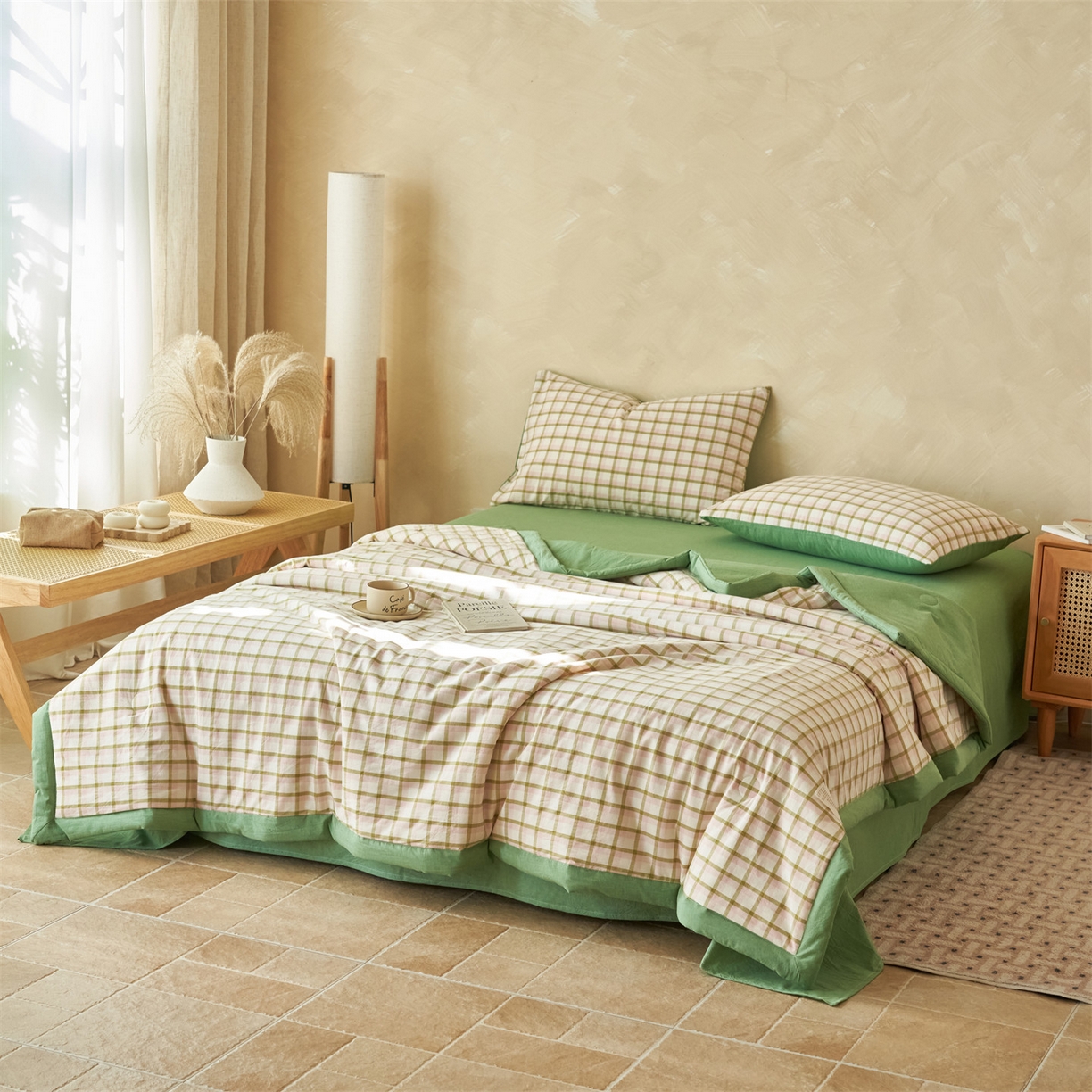 91家纺网 家纺一手货源 找家纺 恒爱家纺 2026新款A类色织全棉水洗夏被四件套 NLS碧玉-粉