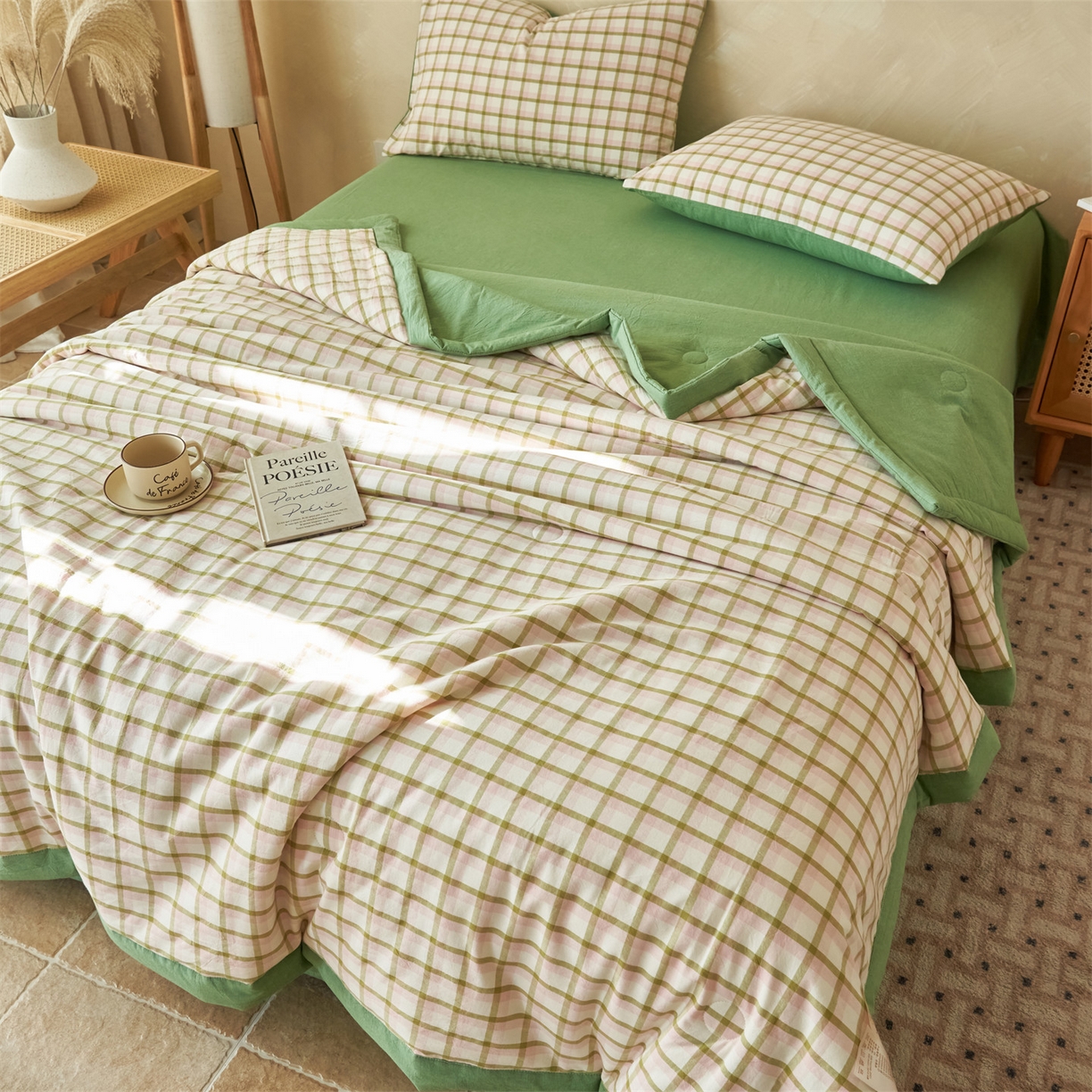 91家纺网 家纺一手货源 找家纺 恒爱家纺 2026新款A类色织全棉水洗夏被四件套 NLS碧玉-粉