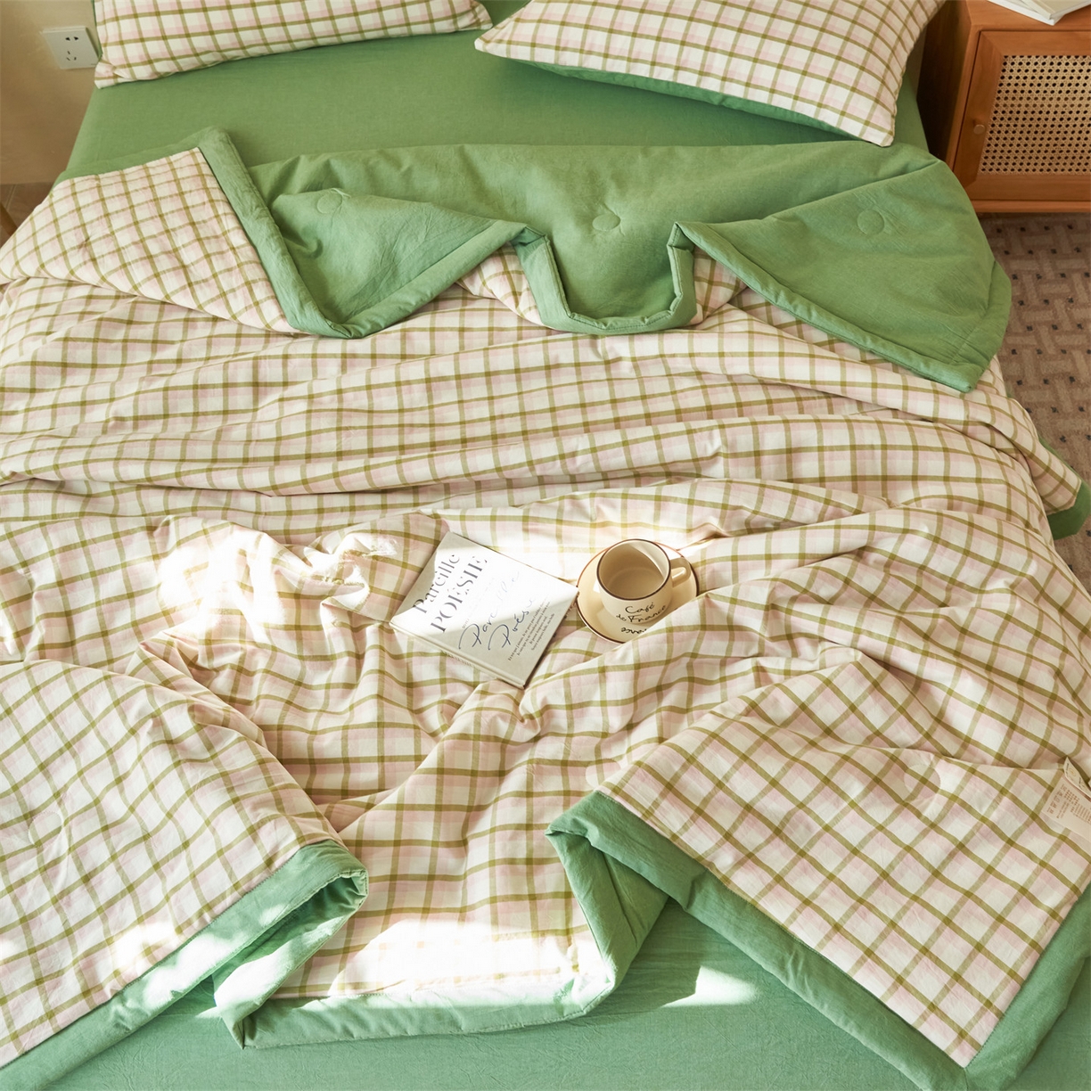 91家纺网 家纺一手货源 找家纺 恒爱家纺 2026新款A类色织全棉水洗夏被四件套 NLS碧玉-粉