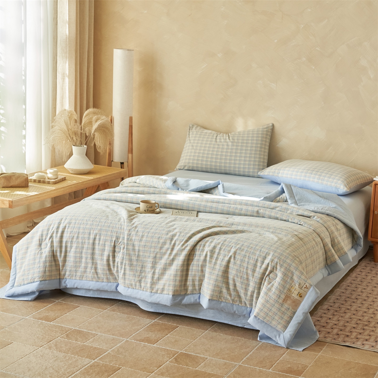 91家纺网 家纺一手货源 找家纺 恒爱家纺 2026新款A类色织全棉水洗夏被四件套 NLS春风-兰