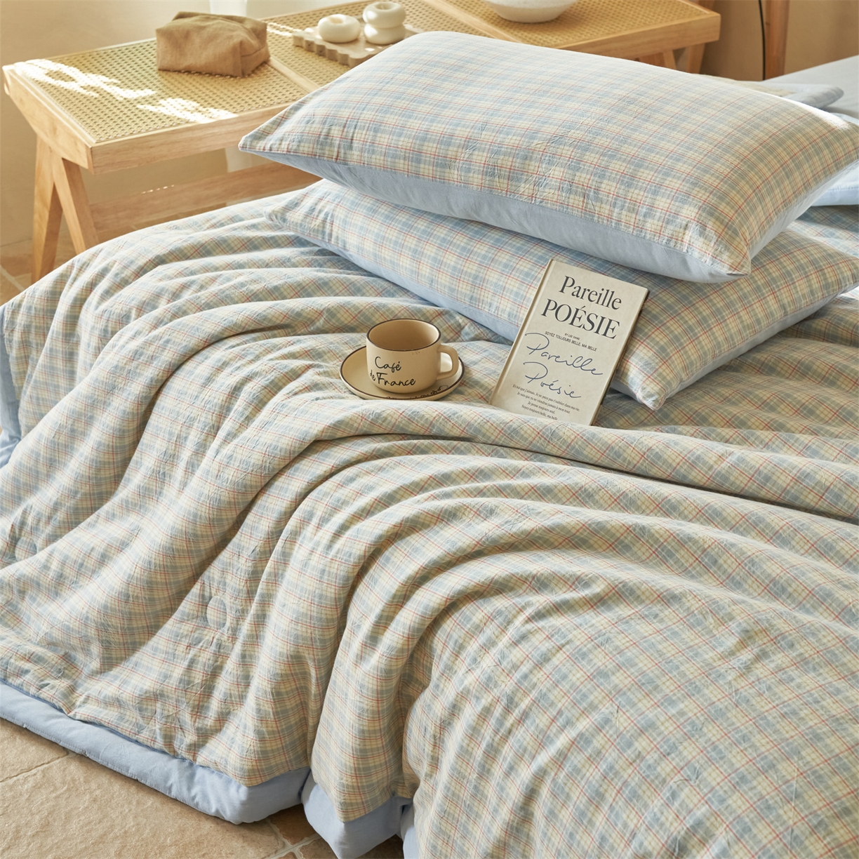 91家纺网 家纺一手货源 找家纺 恒爱家纺 2026新款A类色织全棉水洗夏被四件套 NLS春风-兰