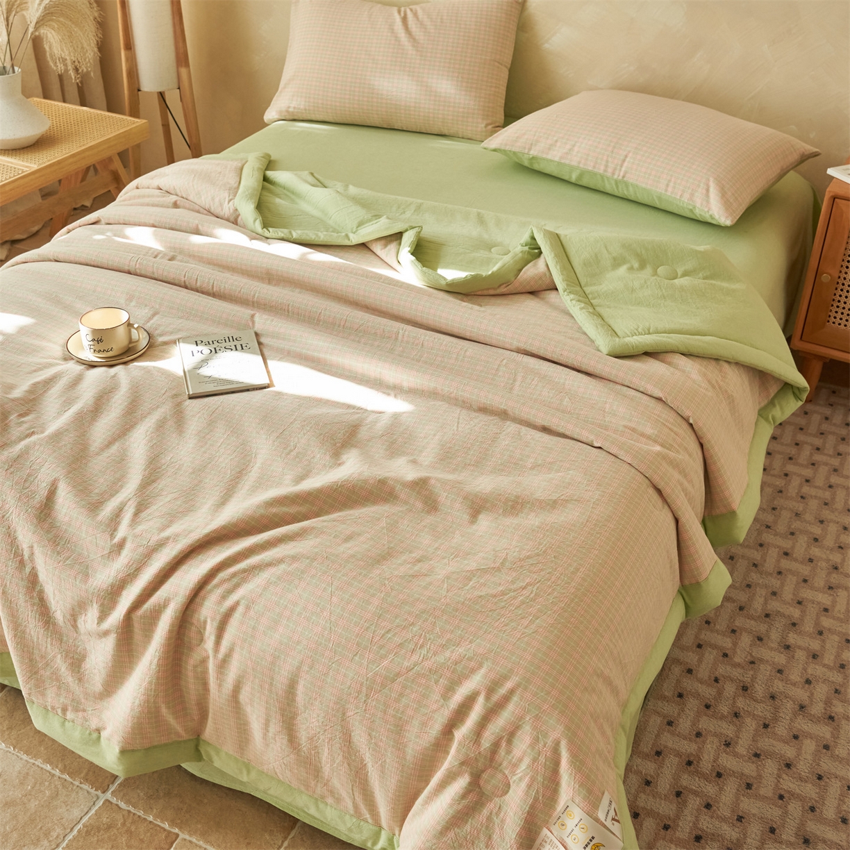 91家纺网 家纺一手货源 找家纺 恒爱家纺 2026新款A类色织全棉水洗夏被四件套 NLS春野-玉