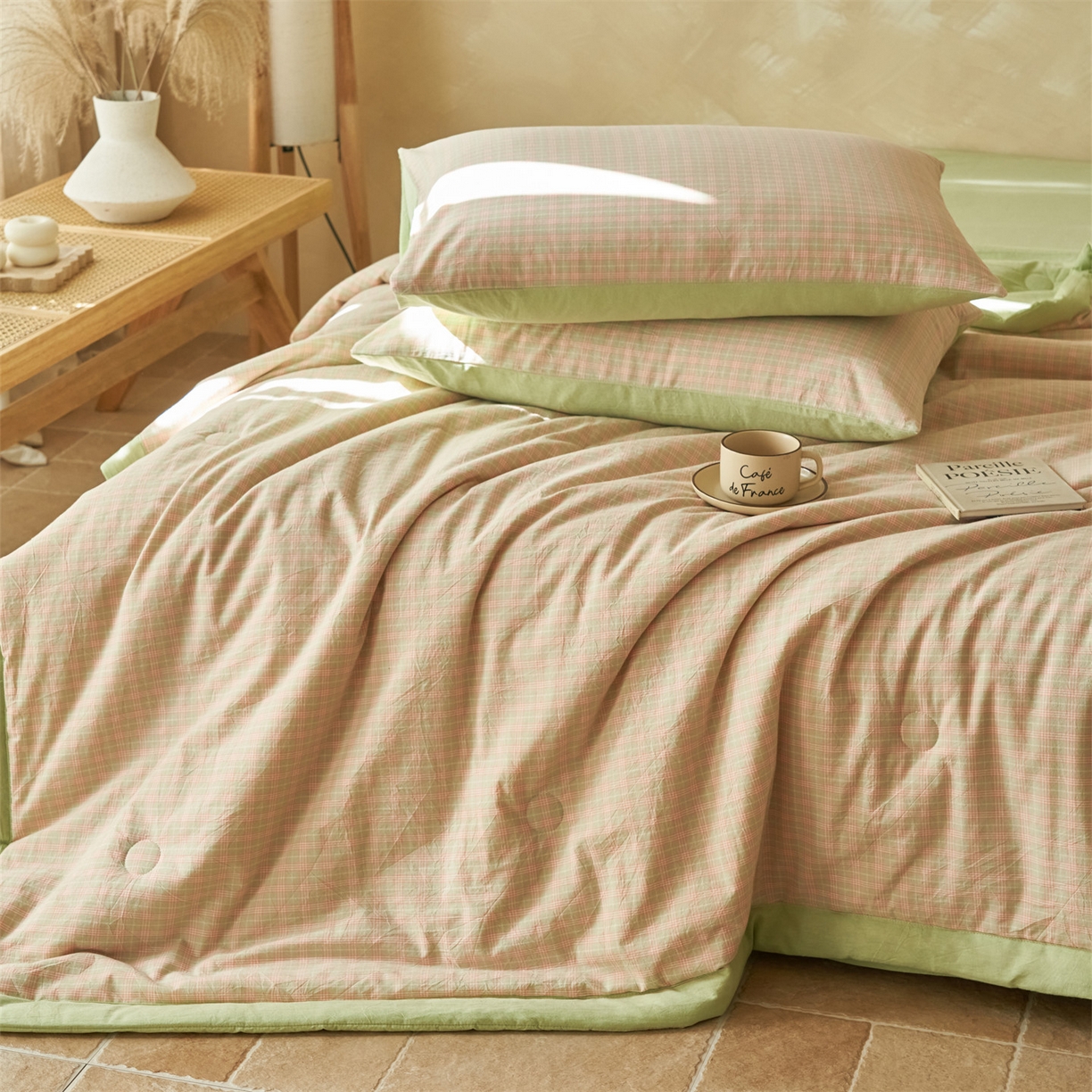 91家纺网 家纺一手货源 找家纺 恒爱家纺 2026新款A类色织全棉水洗夏被四件套 NLS春野-玉