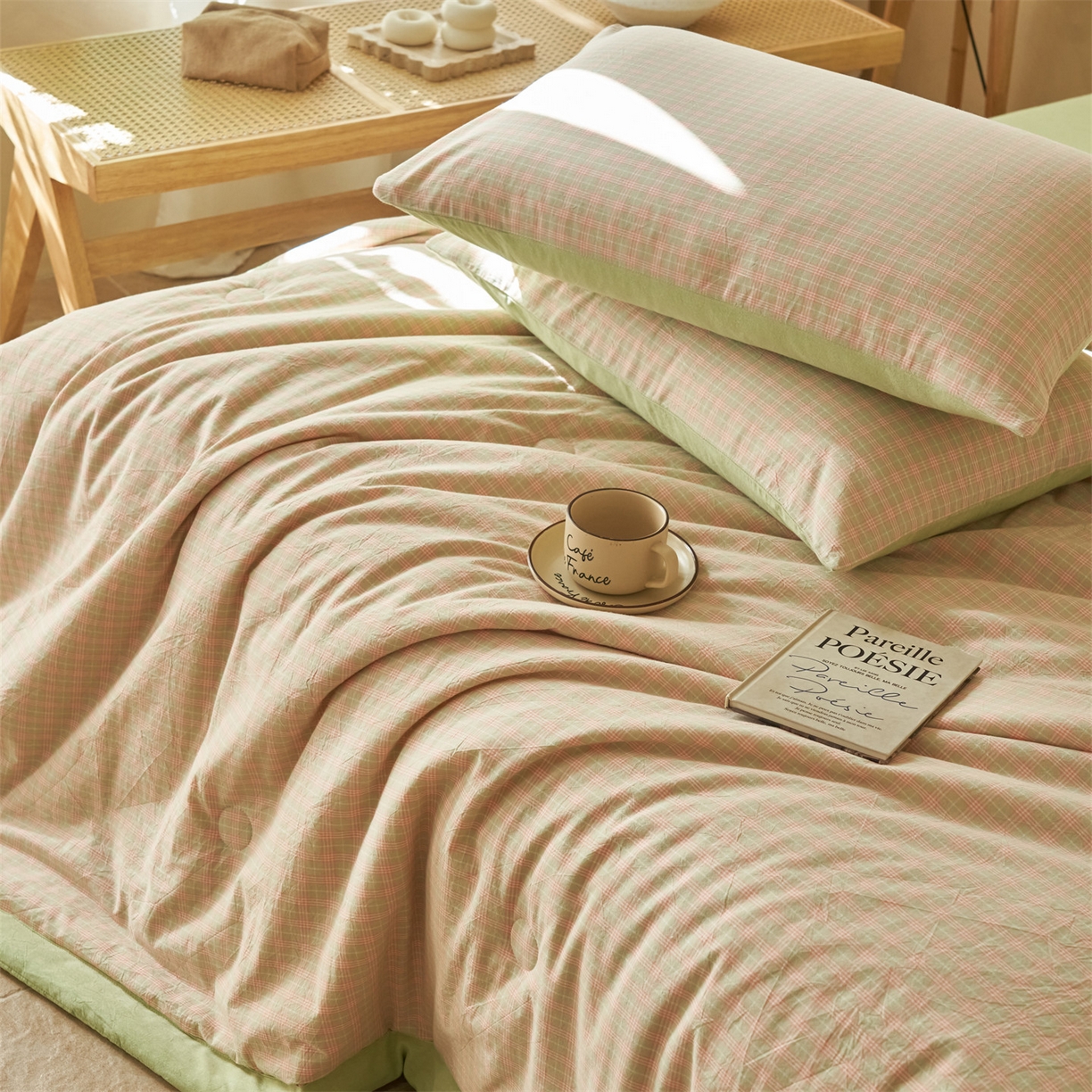 91家纺网 家纺一手货源 找家纺 恒爱家纺 2026新款A类色织全棉水洗夏被四件套 NLS春野-玉