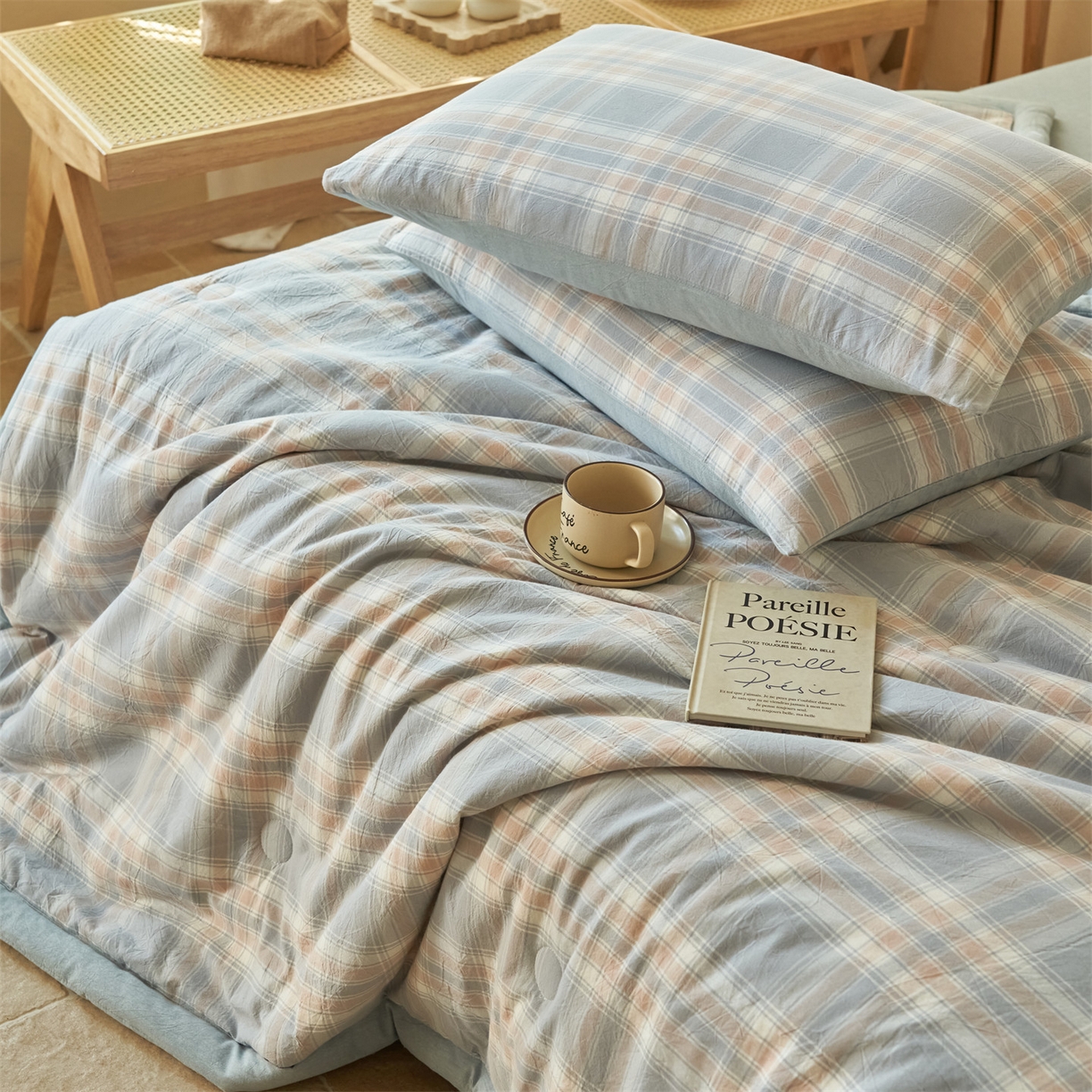 91家纺网 家纺一手货源 找家纺 恒爱家纺 2026新款A类色织全棉水洗夏被四件套 NLS娇气-蓝