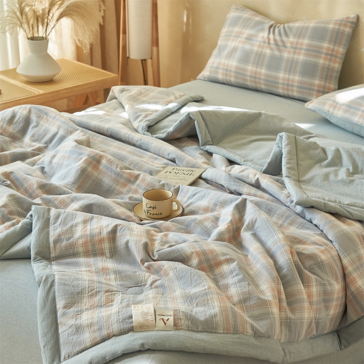 91家纺网 家纺一手货源 找家纺 恒爱家纺 2026新款A类色织全棉水洗夏被四件套 NLS娇气-蓝