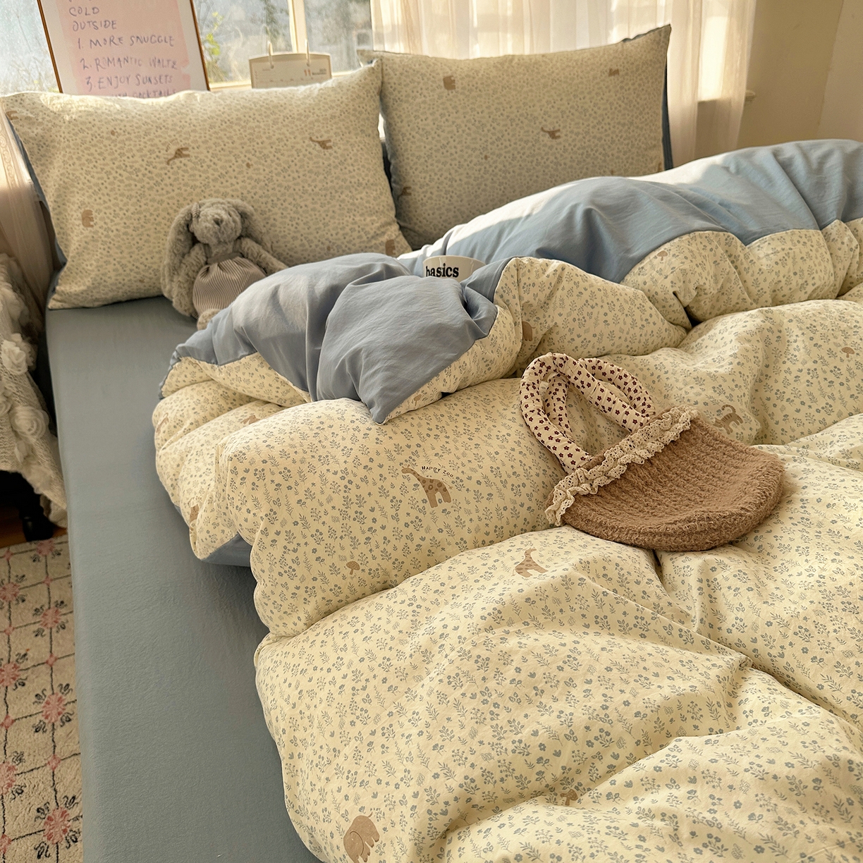 91家纺网 家纺一手货源 找家纺 （总）初夏家纺 2026 古法仿棉水洗四件套A类被罩床单三件套床上用品卡通可爱【提供买家秀】