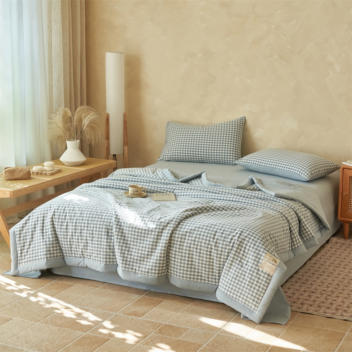 91家纺网 家纺一手货源 找家纺 恒爱家纺 2026新款A类色织全棉水洗夏被四件套 NLS蓝小格