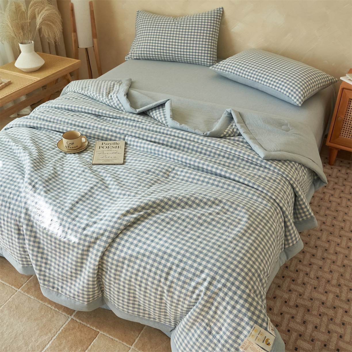 91家纺网 家纺一手货源 找家纺 恒爱家纺 2026新款A类色织全棉水洗夏被四件套 NLS蓝小格