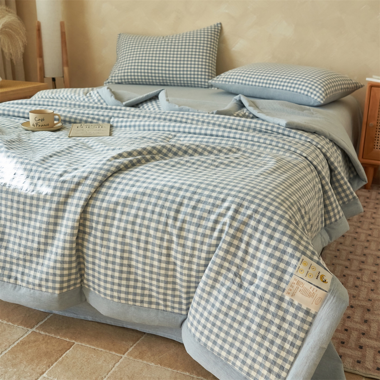 91家纺网 家纺一手货源 找家纺 恒爱家纺 2026新款A类色织全棉水洗夏被四件套 NLS蓝小格