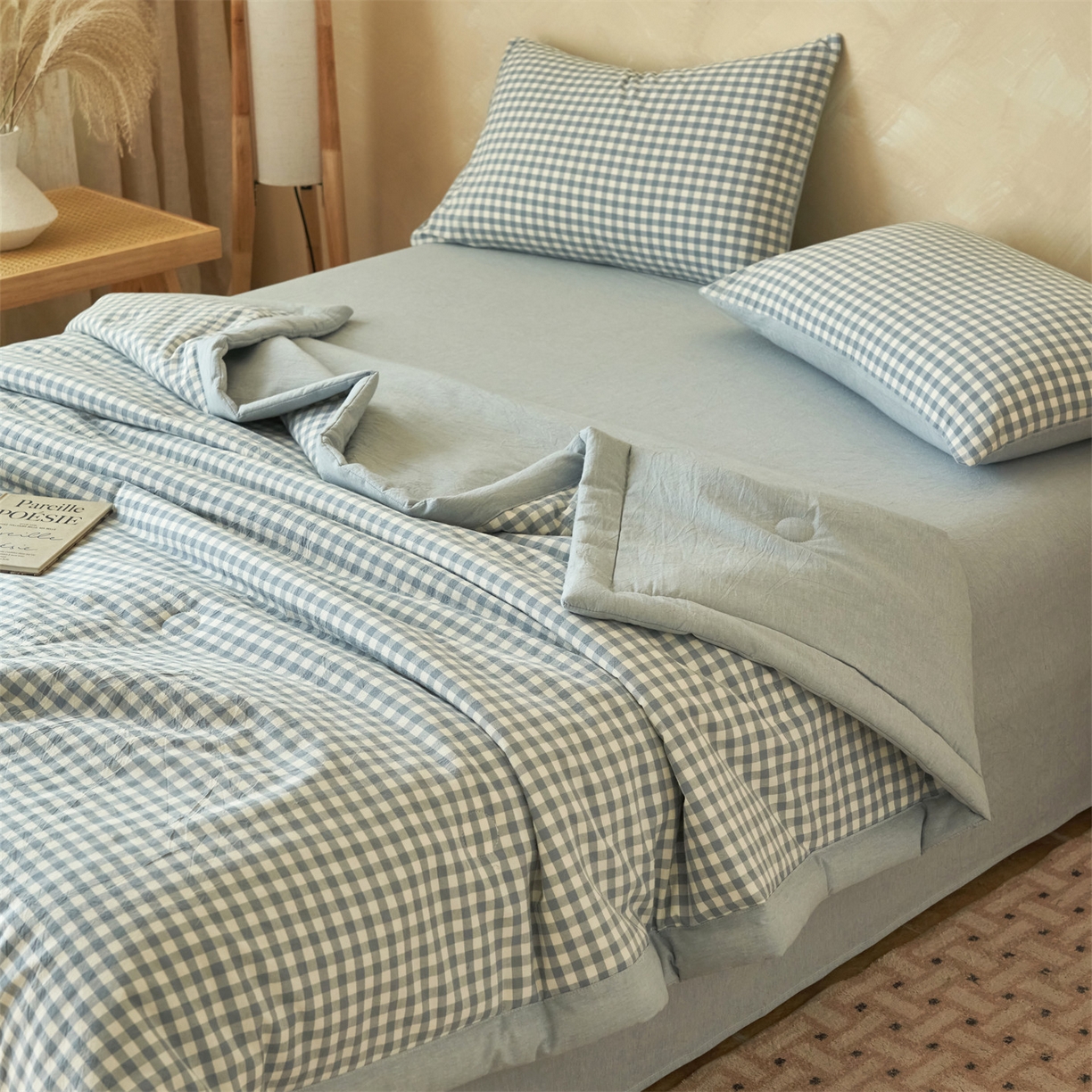 91家纺网 家纺一手货源 找家纺 恒爱家纺 2026新款A类色织全棉水洗夏被四件套 NLS蓝小格