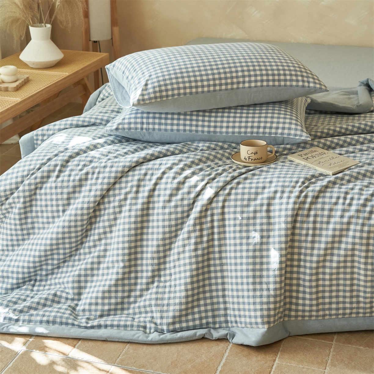 91家纺网 家纺一手货源 找家纺 恒爱家纺 2026新款A类色织全棉水洗夏被四件套 NLS蓝小格