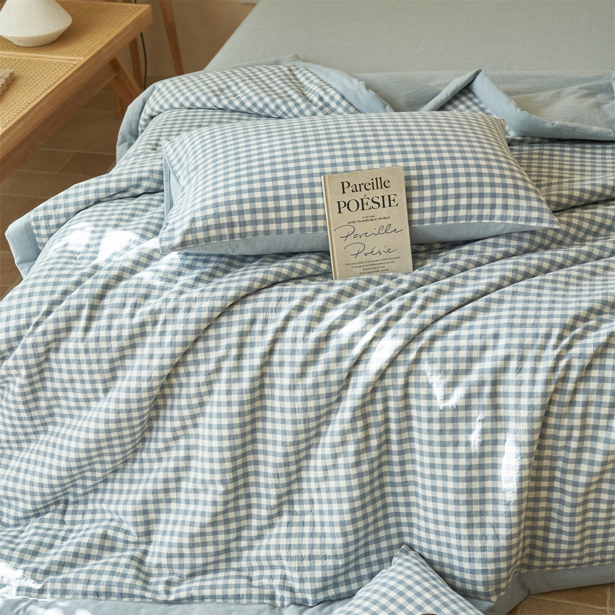 91家纺网 家纺一手货源 找家纺 恒爱家纺 2026新款A类色织全棉水洗夏被四件套 NLS蓝小格