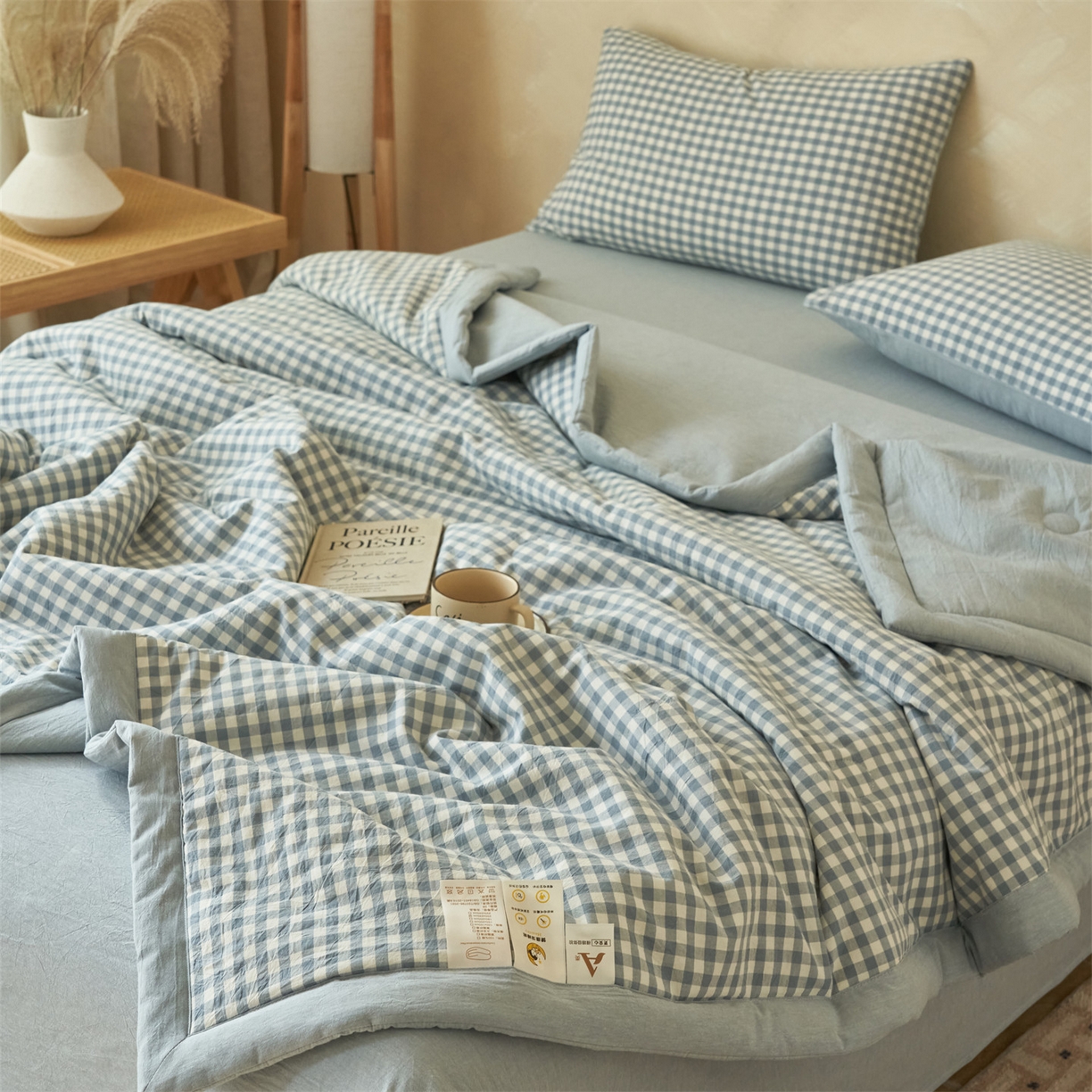 91家纺网 家纺一手货源 找家纺 恒爱家纺 2026新款A类色织全棉水洗夏被四件套 NLS蓝小格