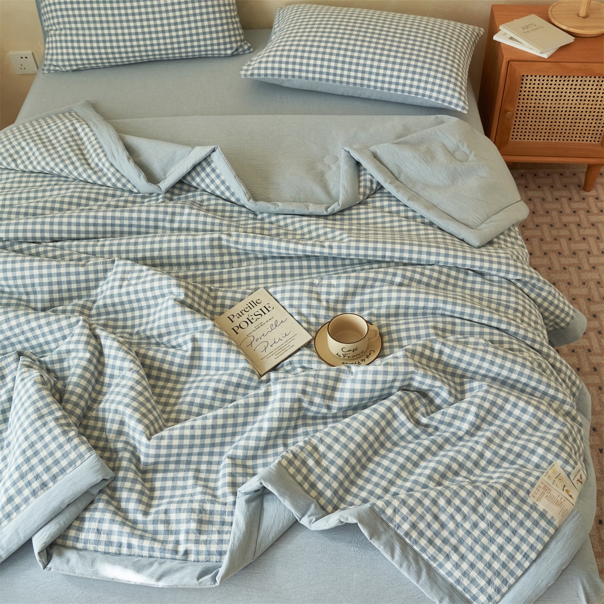 91家纺网 家纺一手货源 找家纺 恒爱家纺 2026新款A类色织全棉水洗夏被四件套 NLS蓝小格