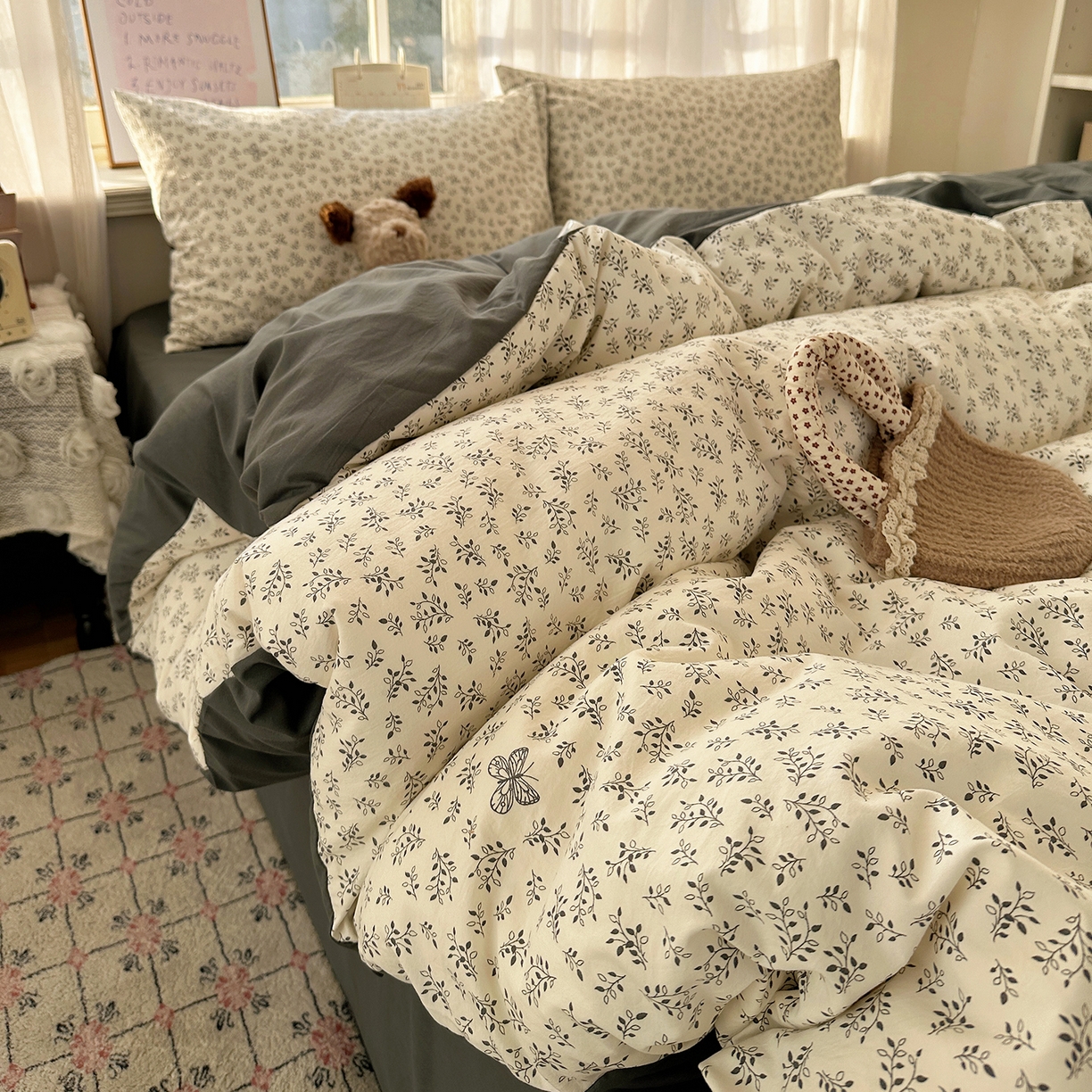 91家纺网 家纺一手货源 找家纺 初夏家纺 2026 古法仿棉水洗四件套A类被罩床单三件套床上用品卡通可爱【提供买家秀】 蝶舞