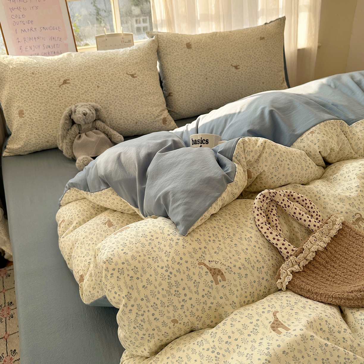 91家纺网 家纺一手货源 找家纺 初夏家纺 2026 古法仿棉水洗四件套A类被罩床单三件套床上用品卡通可爱【提供买家秀】 萌物