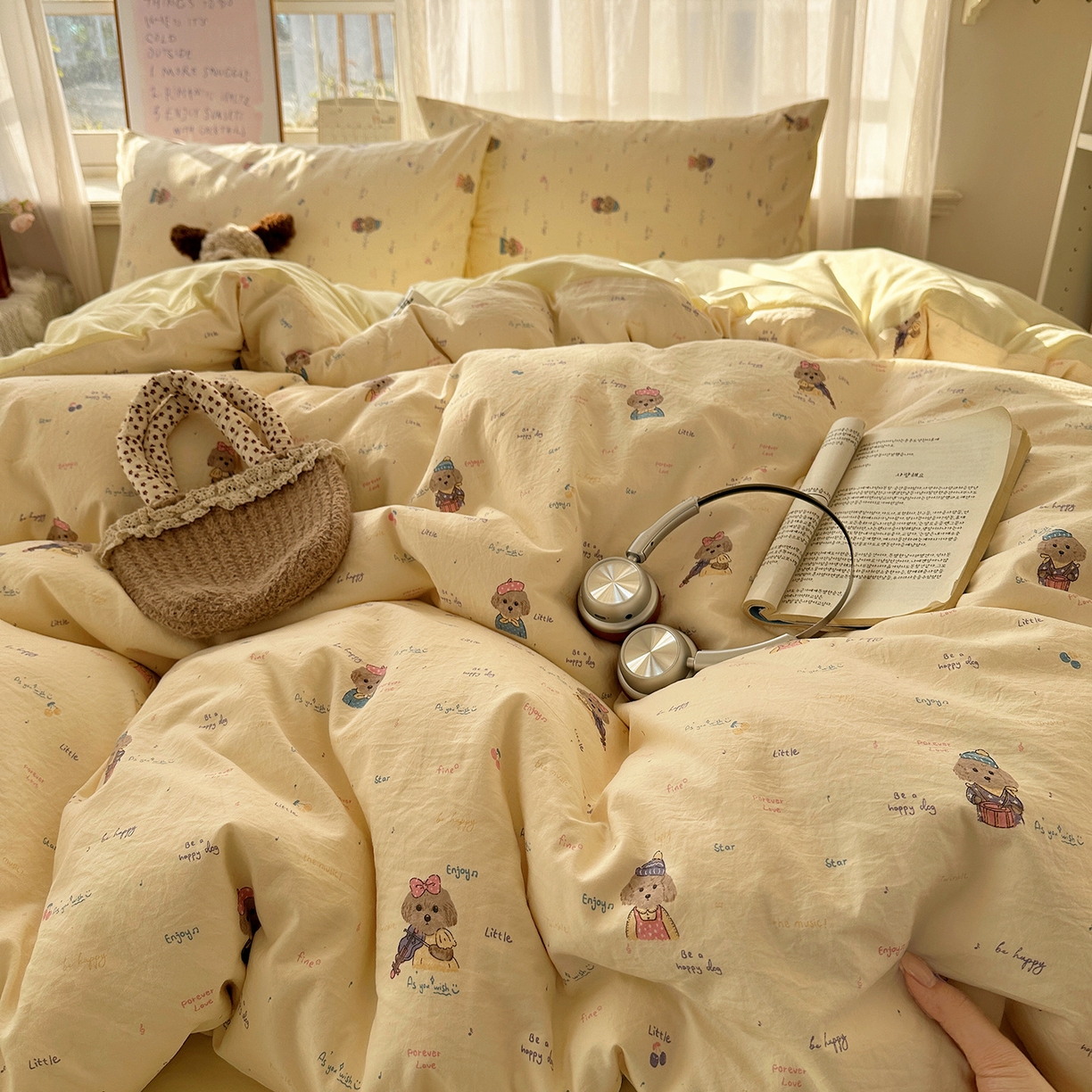 91家纺网 家纺一手货源 找家纺 初夏家纺 2026 古法仿棉水洗四件套A类被罩床单三件套床上用品卡通可爱【提供买家秀】 音乐狗