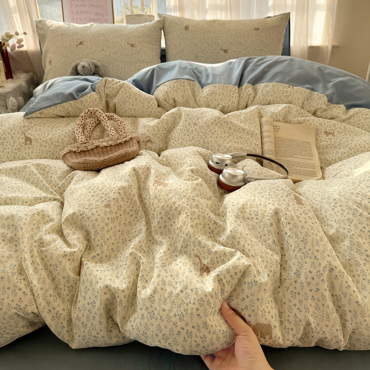 91家纺网 家纺一手货源 找家纺 初夏家纺 2026 古法仿棉水洗四件套A类被罩床单三件套床上用品卡通可爱【提供买家秀】 萌物