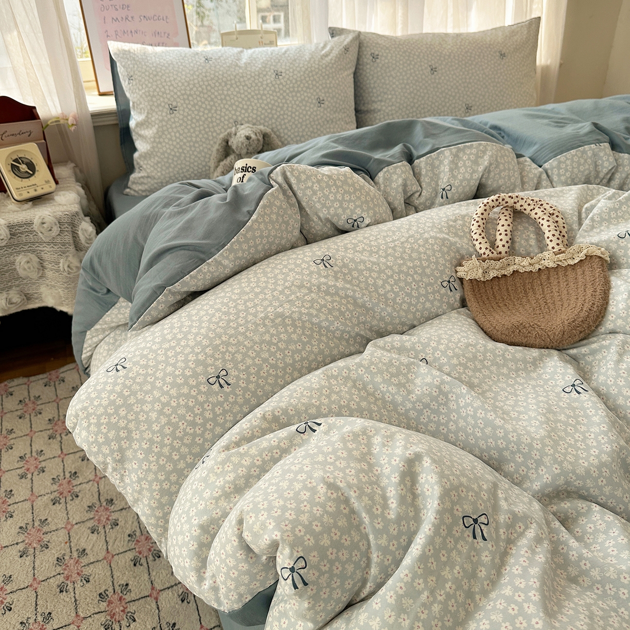 91家纺网 家纺一手货源 找家纺 初夏家纺 2026 古法仿棉水洗四件套A类被罩床单三件套床上用品卡通可爱【提供买家秀】 晴空雏菊