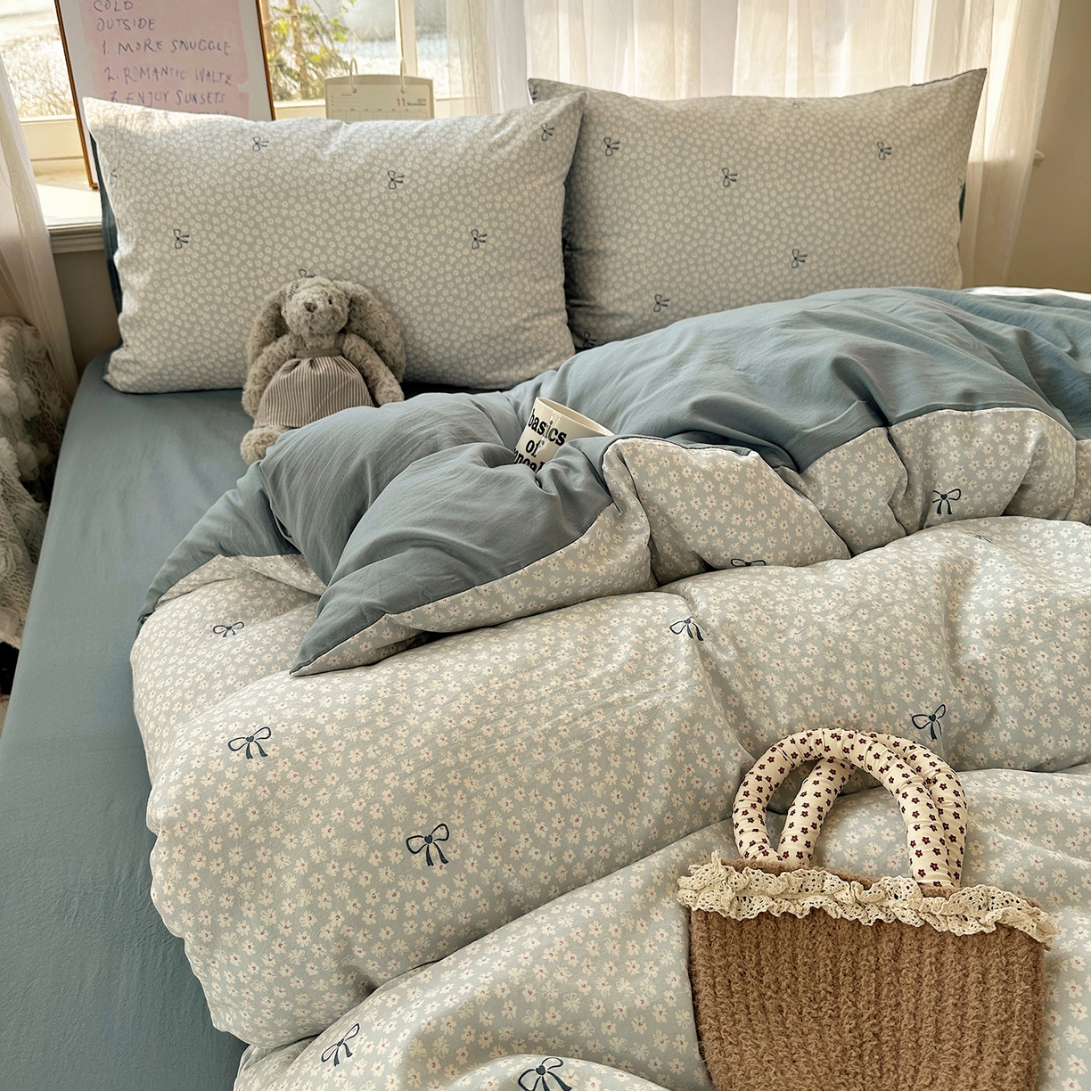 91家纺网 家纺一手货源 找家纺 初夏家纺 2026 古法仿棉水洗四件套A类被罩床单三件套床上用品卡通可爱【提供买家秀】 晴空雏菊