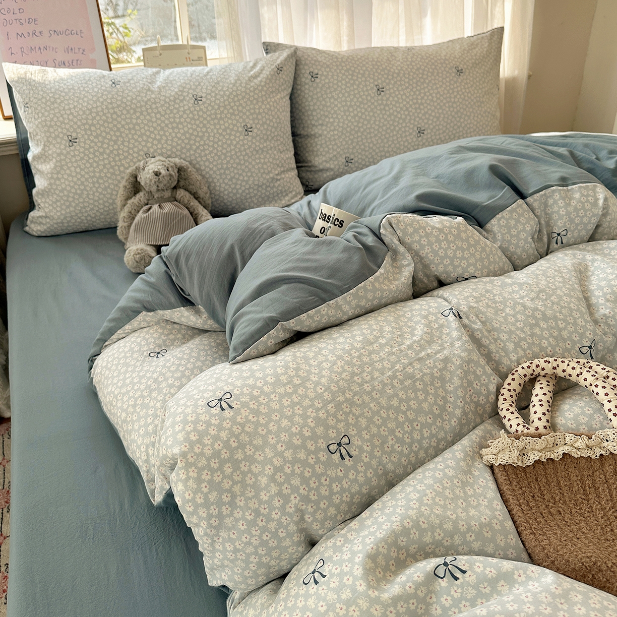 91家纺网 家纺一手货源 找家纺 初夏家纺 2026 古法仿棉水洗四件套A类被罩床单三件套床上用品卡通可爱【提供买家秀】 晴空雏菊