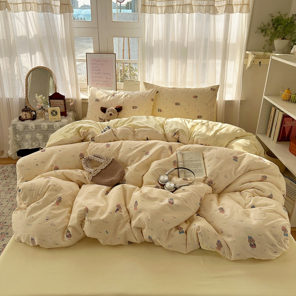 91家纺网 家纺一手货源 找家纺 初夏家纺 2026 古法仿棉水洗四件套A类被罩床单三件套床上用品卡通可爱【提供买家秀】 音乐狗