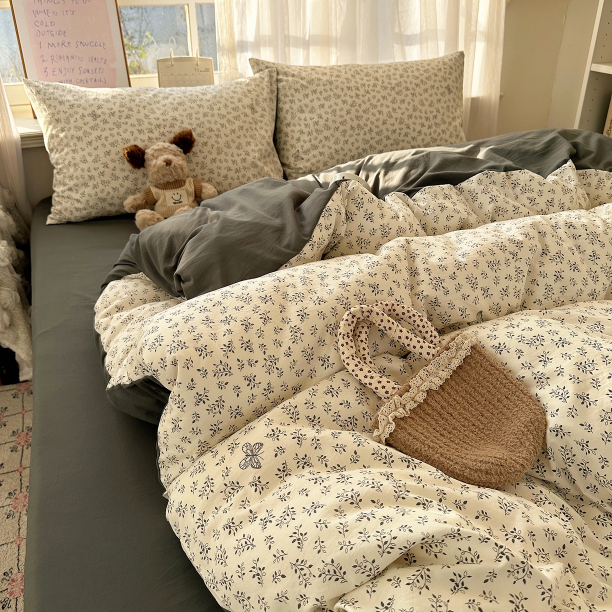 91家纺网 家纺一手货源 找家纺 初夏家纺 2026 古法仿棉水洗四件套A类被罩床单三件套床上用品卡通可爱【提供买家秀】 蝶舞