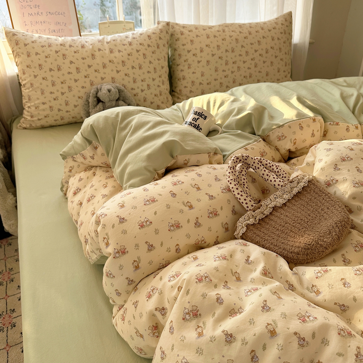 91家纺网 家纺一手货源 找家纺 初夏家纺 2026 古法仿棉水洗四件套A类被罩床单三件套床上用品卡通可爱【提供买家秀】 森林小伙伴