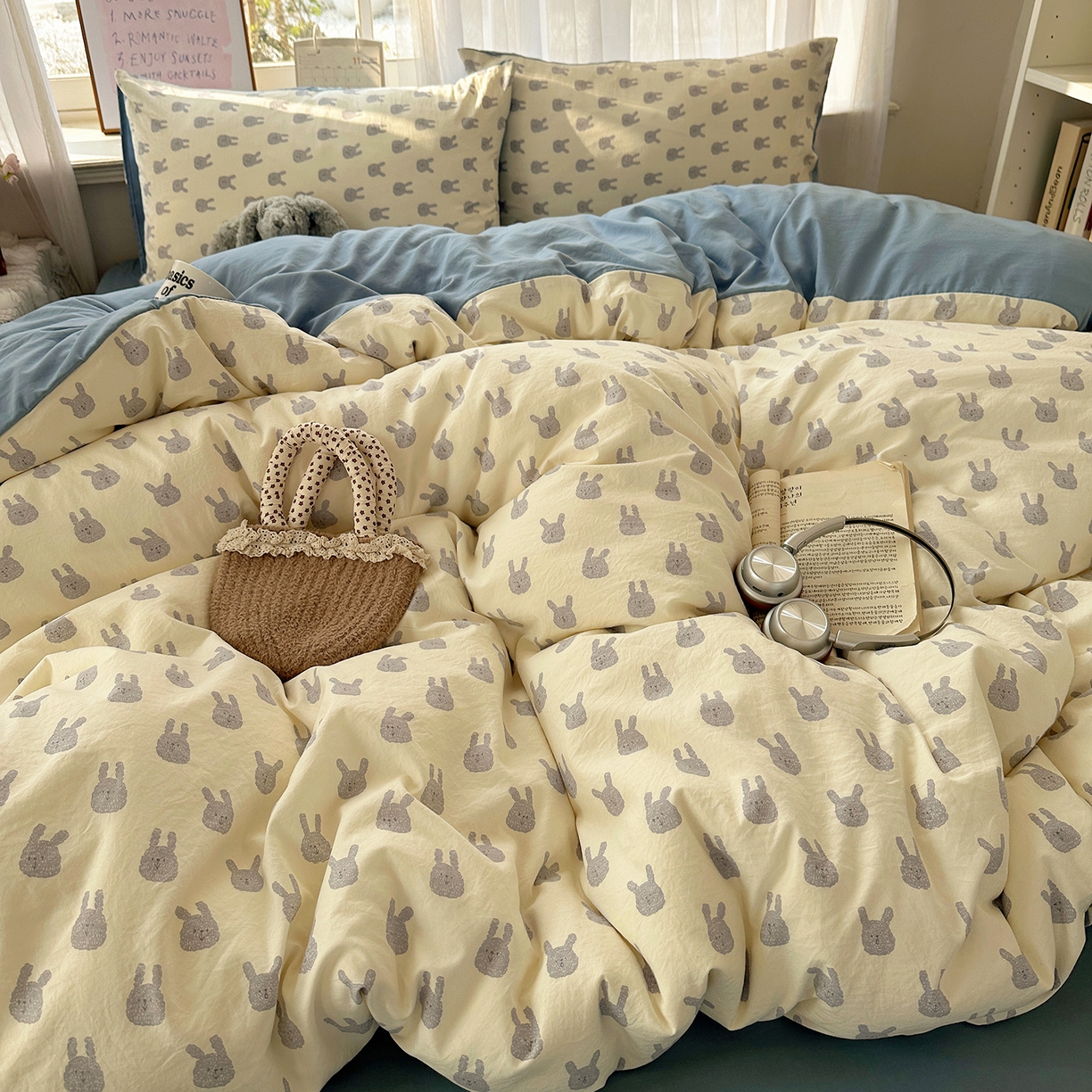 91家纺网 家纺一手货源 找家纺 初夏家纺 2026 古法仿棉水洗四件套A类被罩床单三件套床上用品卡通可爱【提供买家秀】 火爆兔