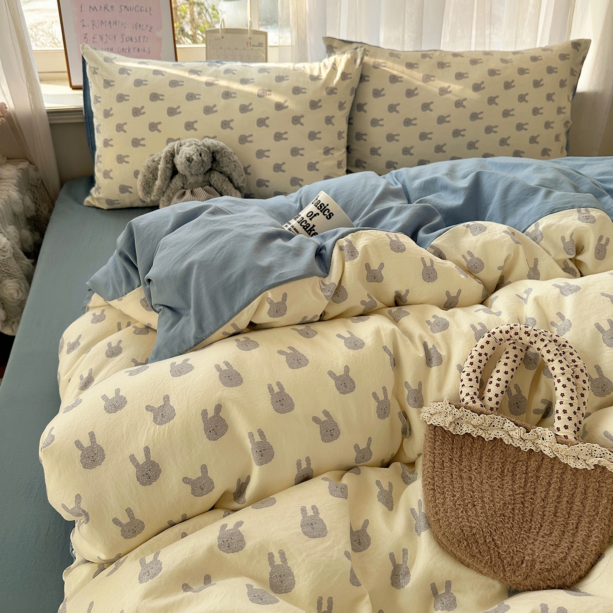 91家纺网 家纺一手货源 找家纺 初夏家纺 2026 古法仿棉水洗四件套A类被罩床单三件套床上用品卡通可爱【提供买家秀】 火爆兔