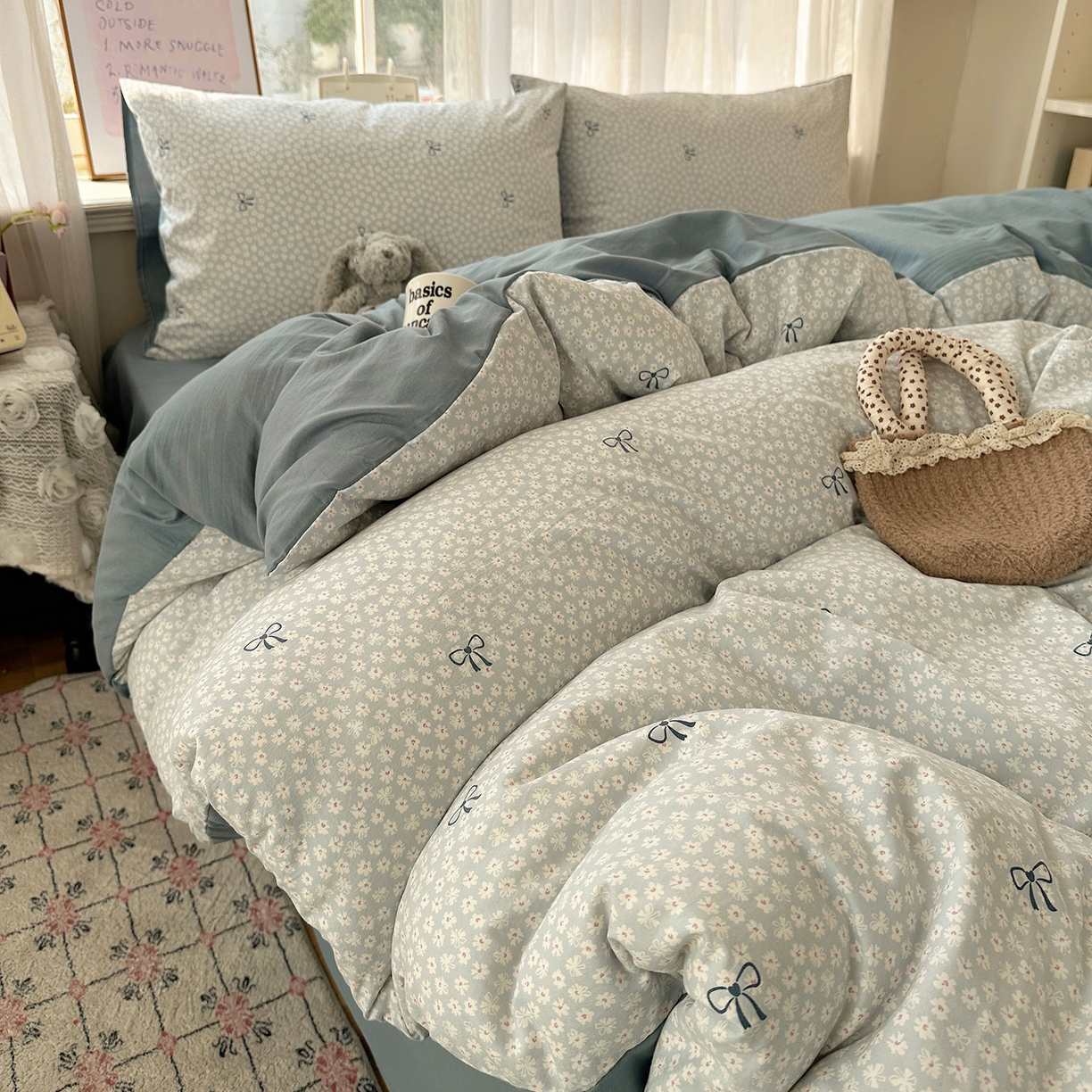 91家纺网 家纺一手货源 找家纺 初夏家纺 2026 古法仿棉水洗四件套A类被罩床单三件套床上用品卡通可爱【提供买家秀】 晴空雏菊