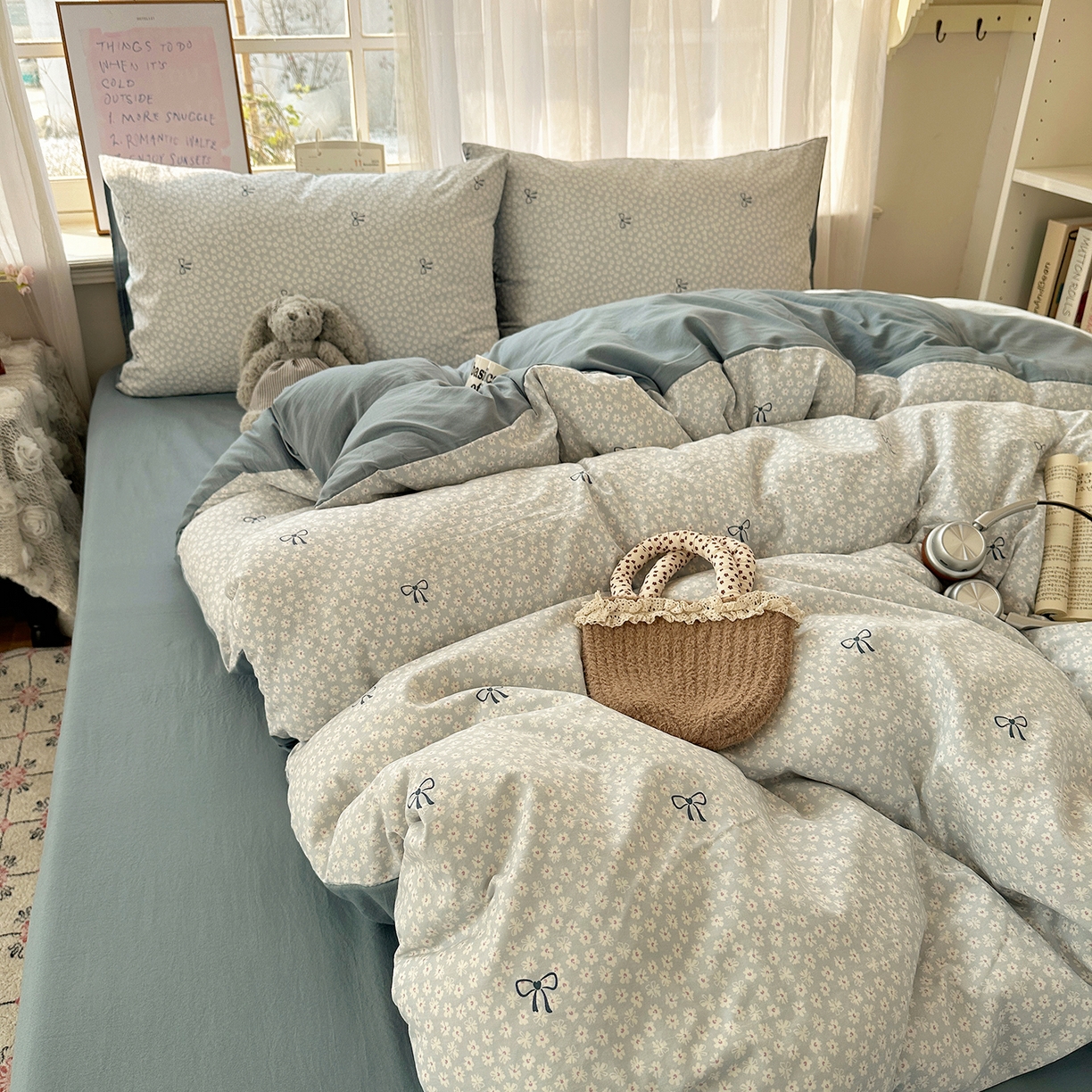 91家纺网 家纺一手货源 找家纺 初夏家纺 2026 古法仿棉水洗四件套A类被罩床单三件套床上用品卡通可爱【提供买家秀】 晴空雏菊