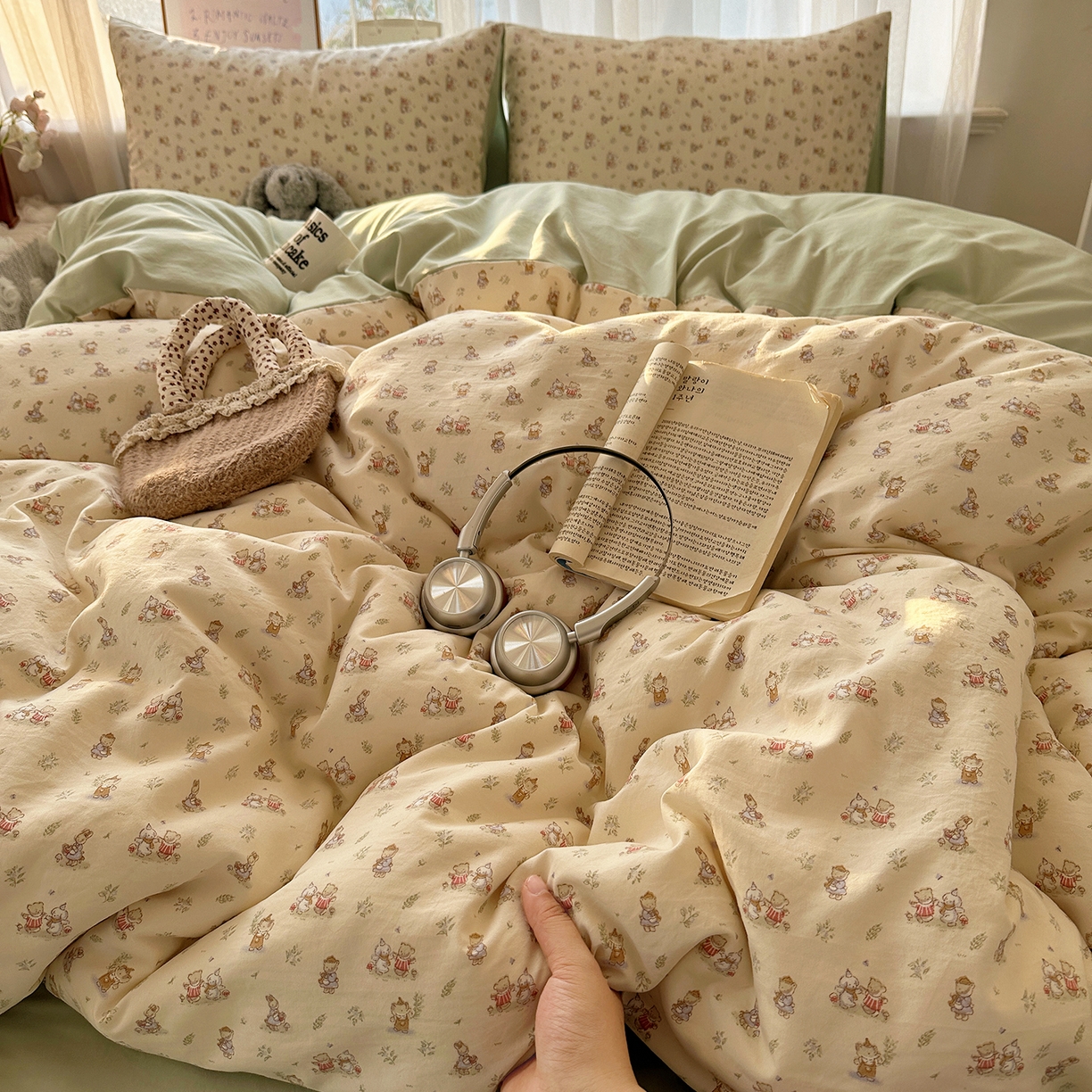 91家纺网 家纺一手货源 找家纺 初夏家纺 2026 古法仿棉水洗四件套A类被罩床单三件套床上用品卡通可爱【提供买家秀】 森林小伙伴