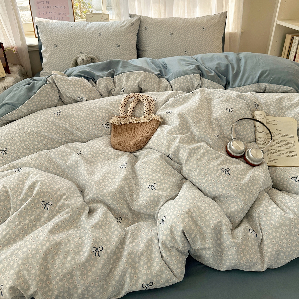 91家纺网 家纺一手货源 找家纺 初夏家纺 2026 古法仿棉水洗四件套A类被罩床单三件套床上用品卡通可爱【提供买家秀】 晴空雏菊