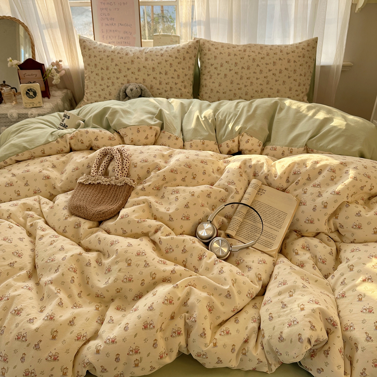 91家纺网 家纺一手货源 找家纺 初夏家纺 2026 古法仿棉水洗四件套A类被罩床单三件套床上用品卡通可爱【提供买家秀】 森林小伙伴