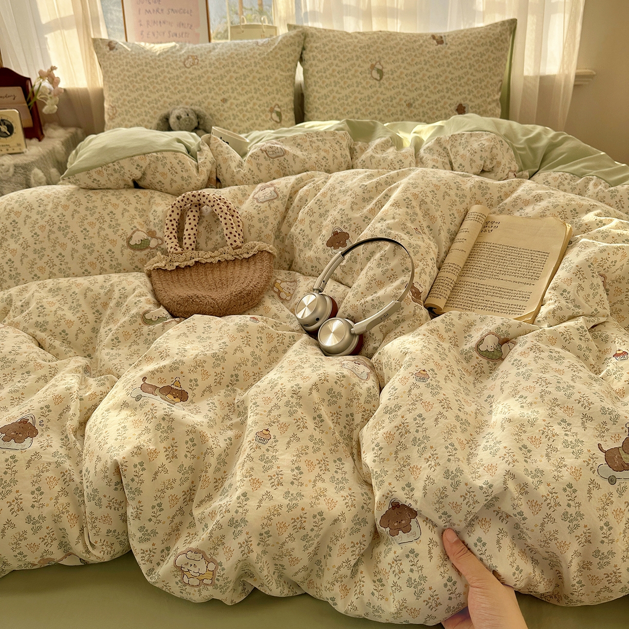 91家纺网 家纺一手货源 找家纺 初夏家纺 2026 古法仿棉水洗四件套A类被罩床单三件套床上用品卡通可爱【提供买家秀】 碎花狗